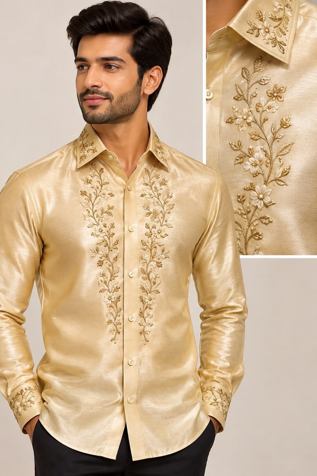 Beige Color Party Wear Embroidery Shirt